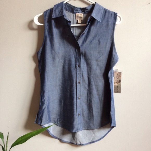 Como Vintage Tops - Como Vintage Denim Look Sleeveless Button Down
